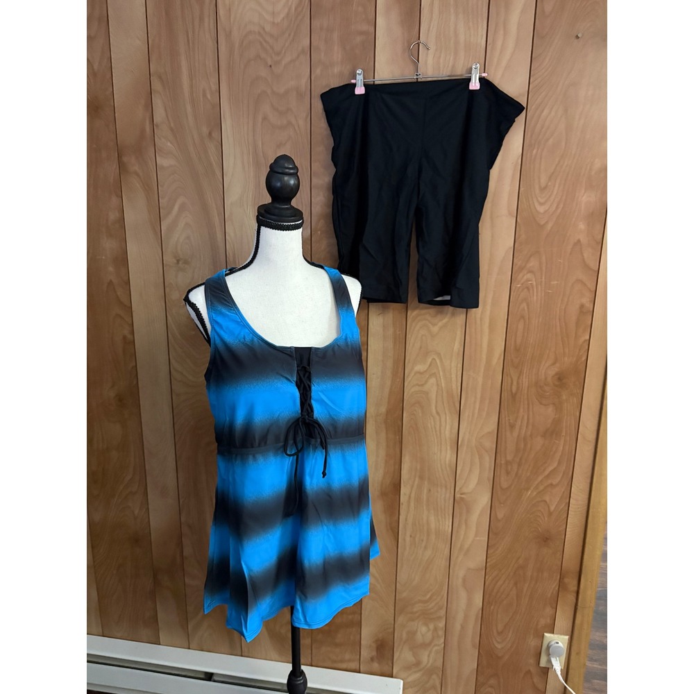 Womens Plus Size 5XL Tankini Swimsuit Blue Ombre Rash Guard Capri 2 Piece Set